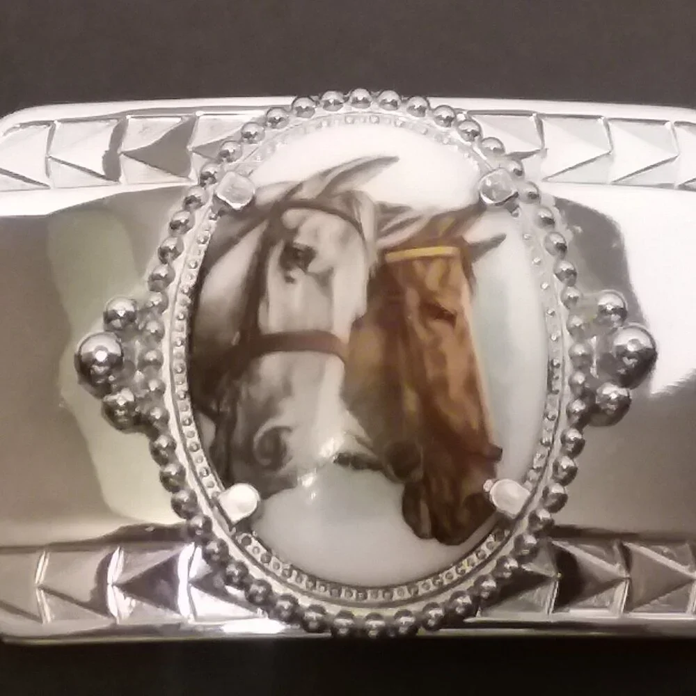 Belt Buckle 2 Horses Equestrian Cowboy Cowgirl Western Collectible Silver - tone